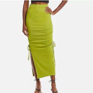 Fore Womens Ribbed Ruched Side Tie Midi Skirt yellow green Small